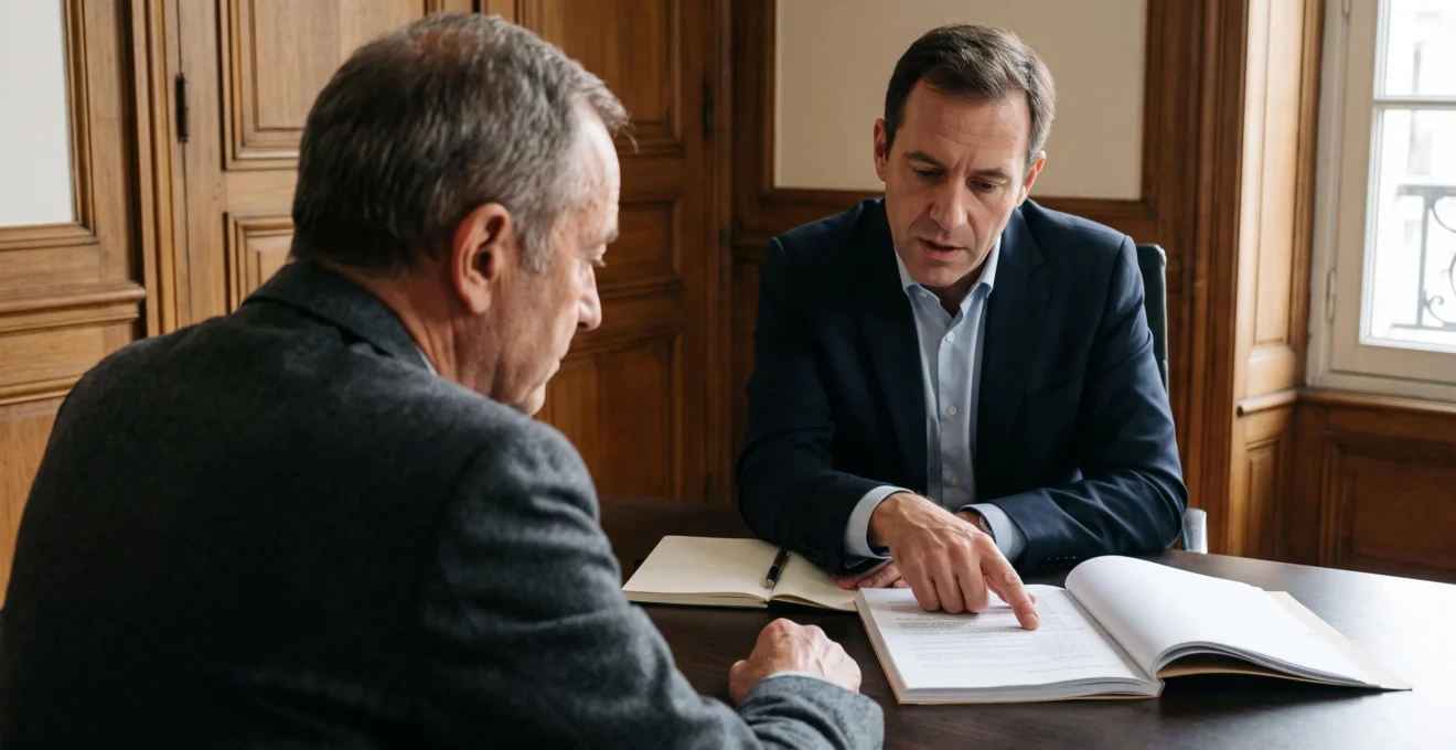 Un avocat explique un dossier de contentieux prud'homal à son client lors d'une consultation dans un cabinet parisien.