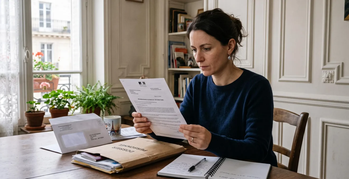Une femme lit attentivement une lettre de licenciement à sa table, un dossier de documents à côté d'elle.