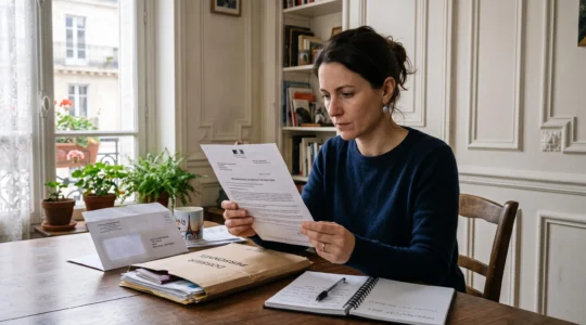 Une femme lit attentivement une lettre de licenciement à sa table, un dossier de documents à côté d'elle.