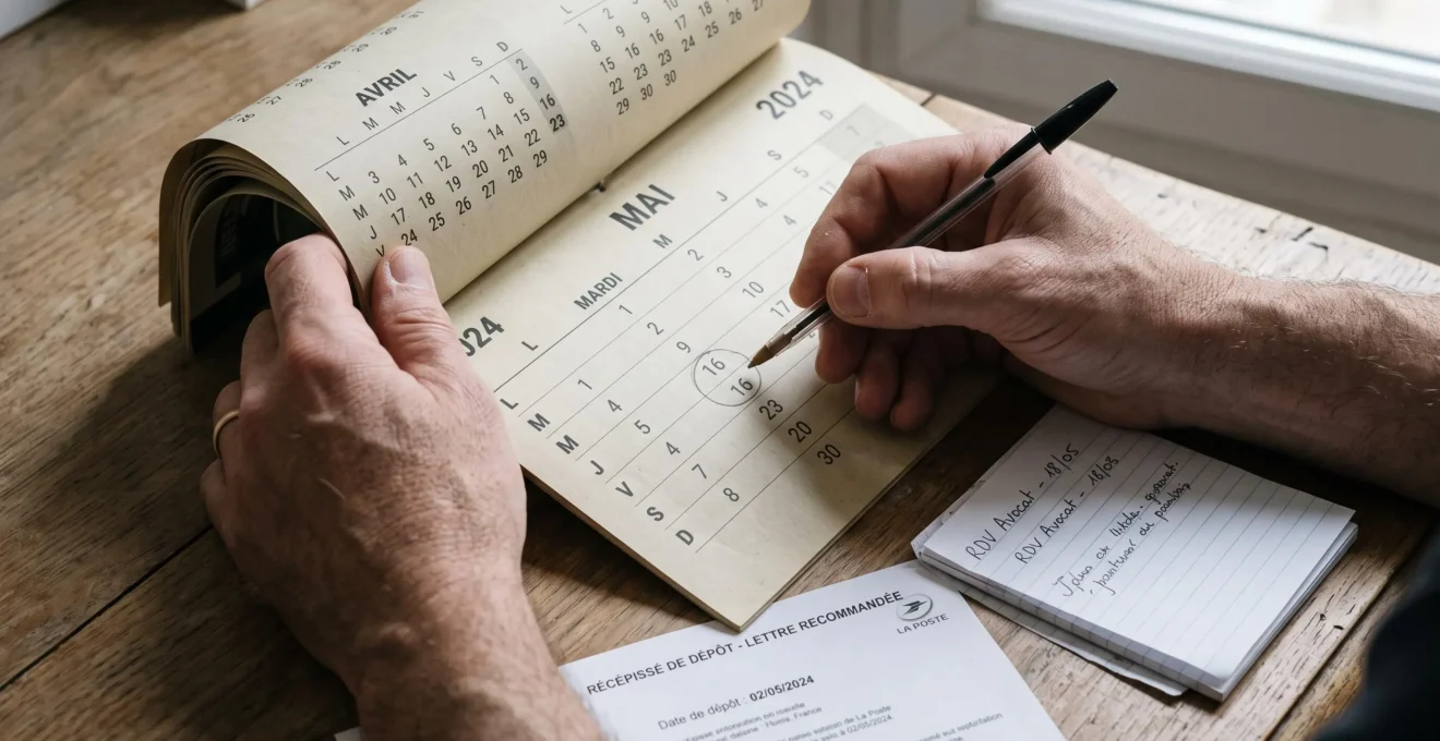 Un homme entoure une date sur un calendrier papier pour respecter un délai légal.